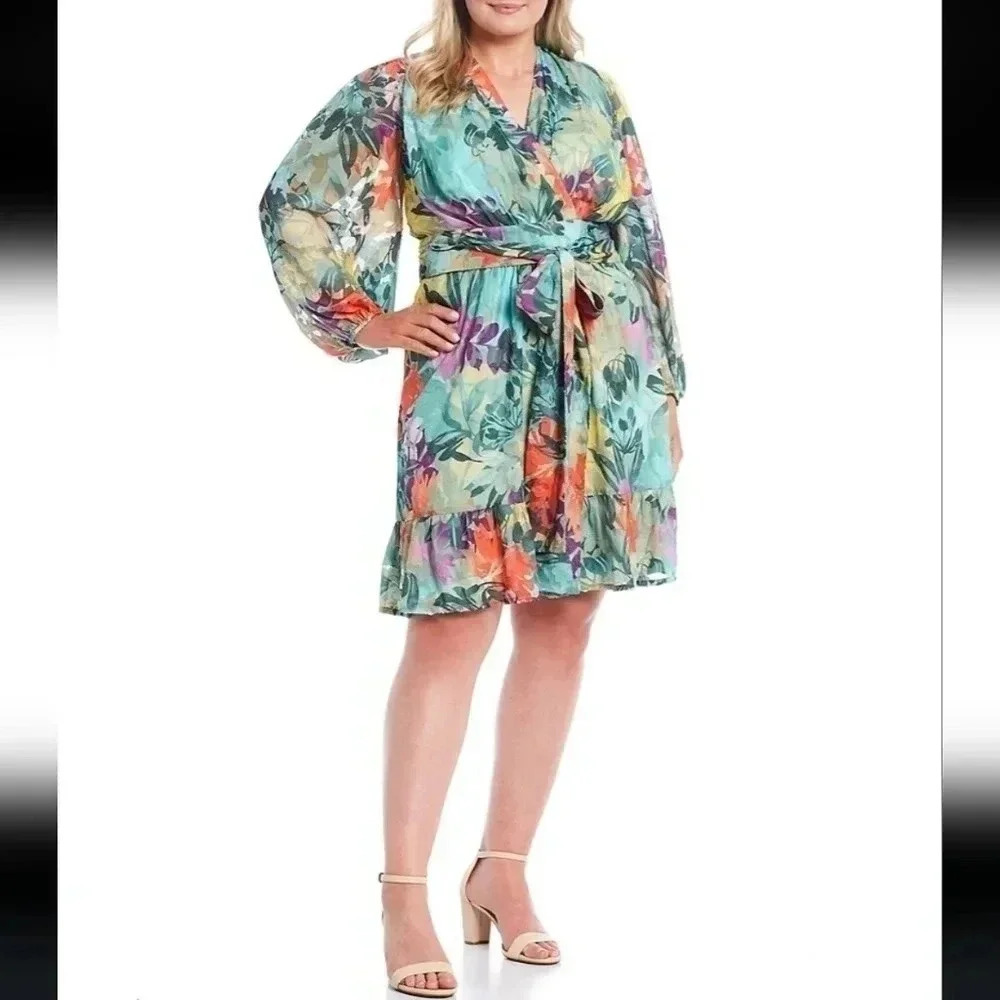 Alex Marie Floral Printed Burnout V-Neck Long Sleeve Tropical Ruffles Dress(24)